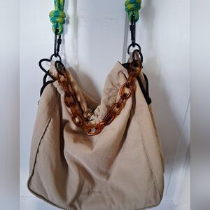 Rotunda Tan Shoulder Bag with Rope Straps And Chain Accent